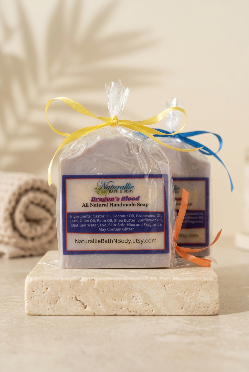 Dragon’s Blood soap on a travertine pedestal in a soft spa setting