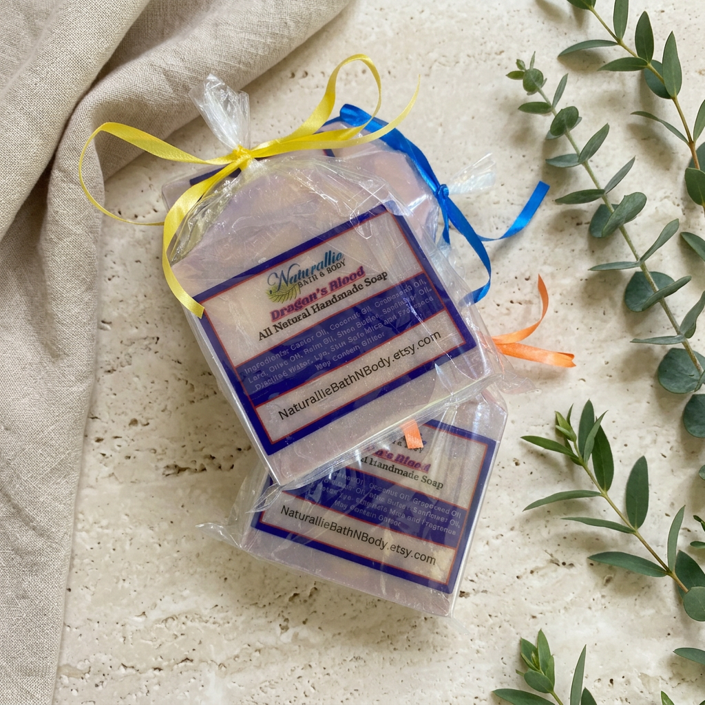 Dragon’s Blood soaps in a warm ivory and linen flat lay