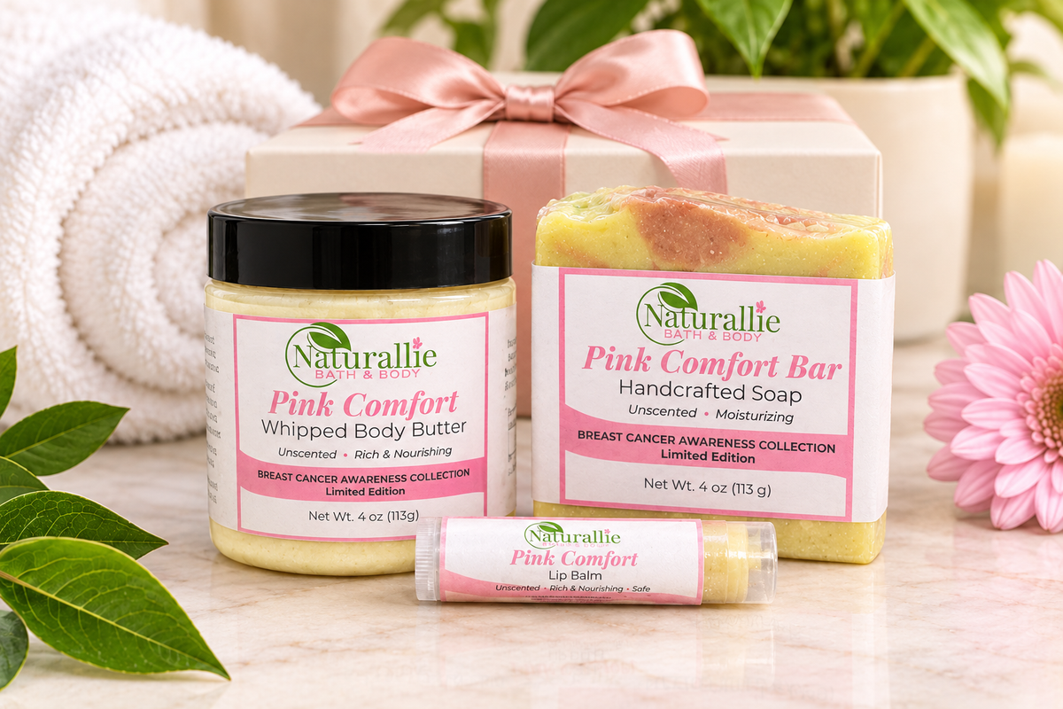 Pink Comfort collection styled with a gift box behind the products