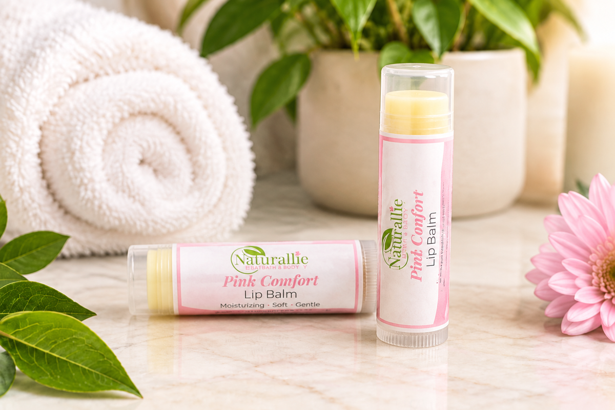 Pink Comfort lip balm photo styled to match the listing