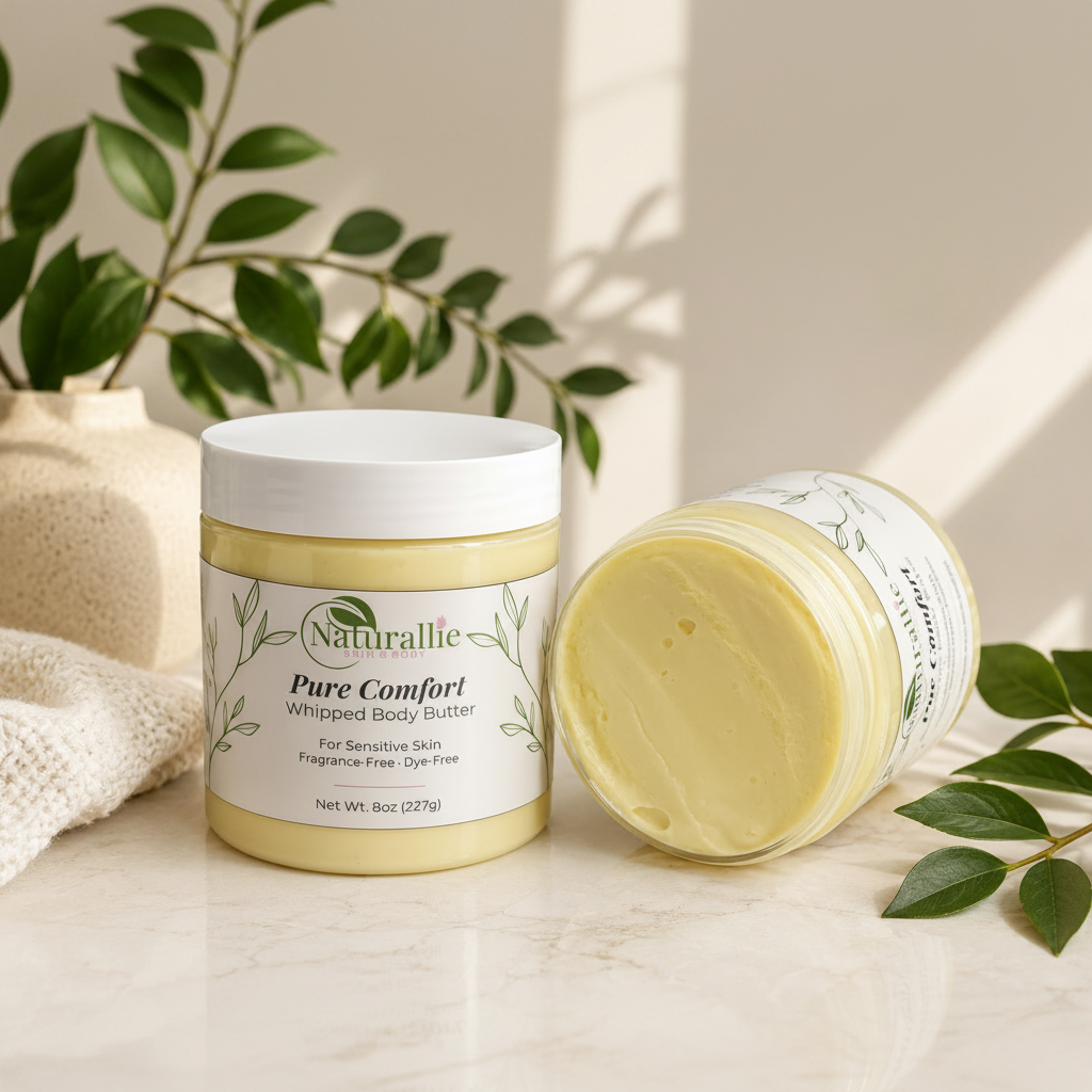 Two jars of Naturllie Pure Comfort Whipped Body Butter are styled on a light marble surface with decorative green leaves and a textured vase. One jar is upright, showing the white lid and cream-colored label, while the other lies on its side, displaying the pale yellow whipped balm inside.
