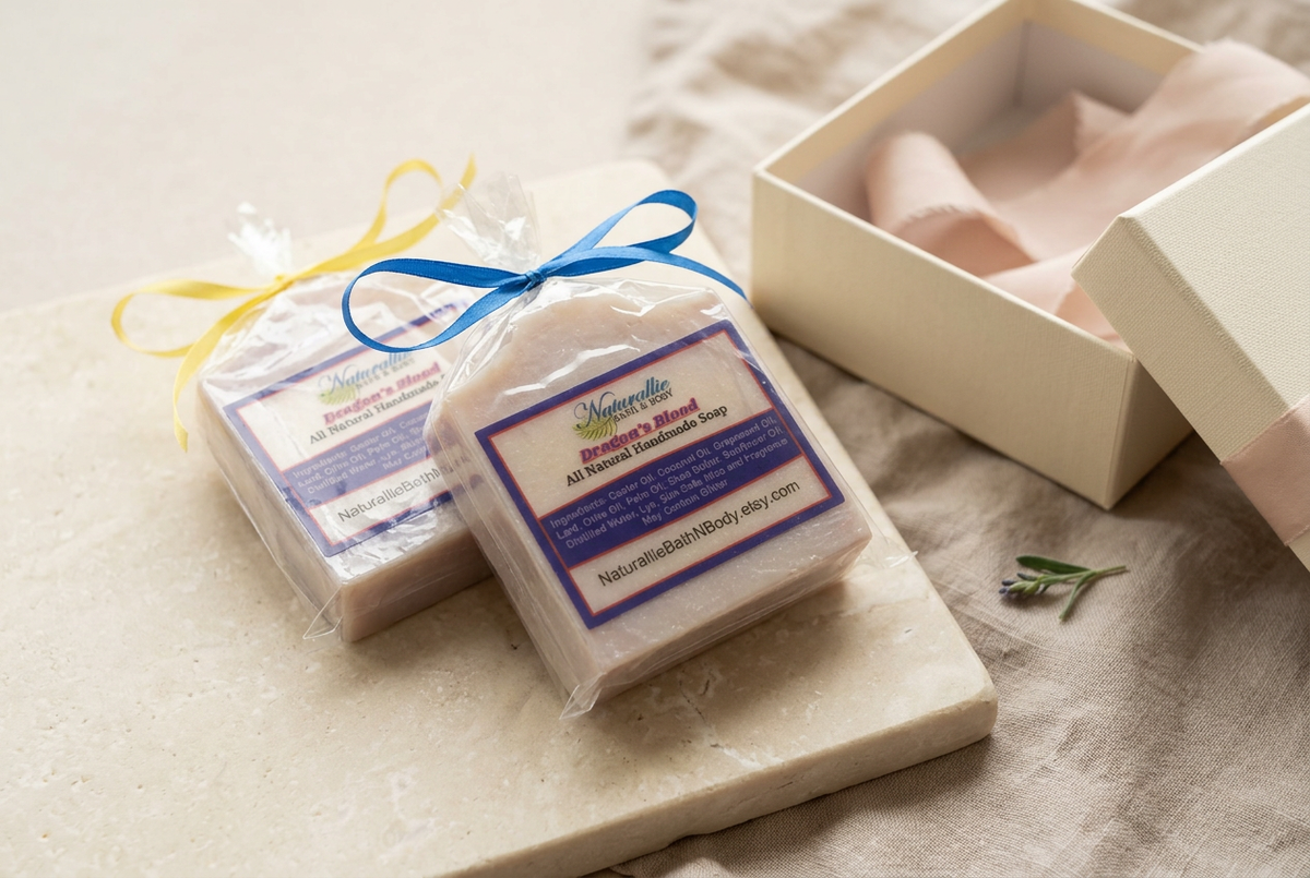 Wrapped Naturallie soaps with a cream gift box and blush ribbon